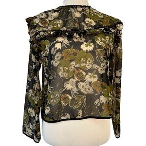 Zara chiffon long sleeve black and olive green floral blouse